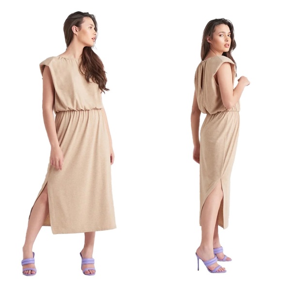 Wayf tan padded shoulder midi dress - Picture 2 of 6